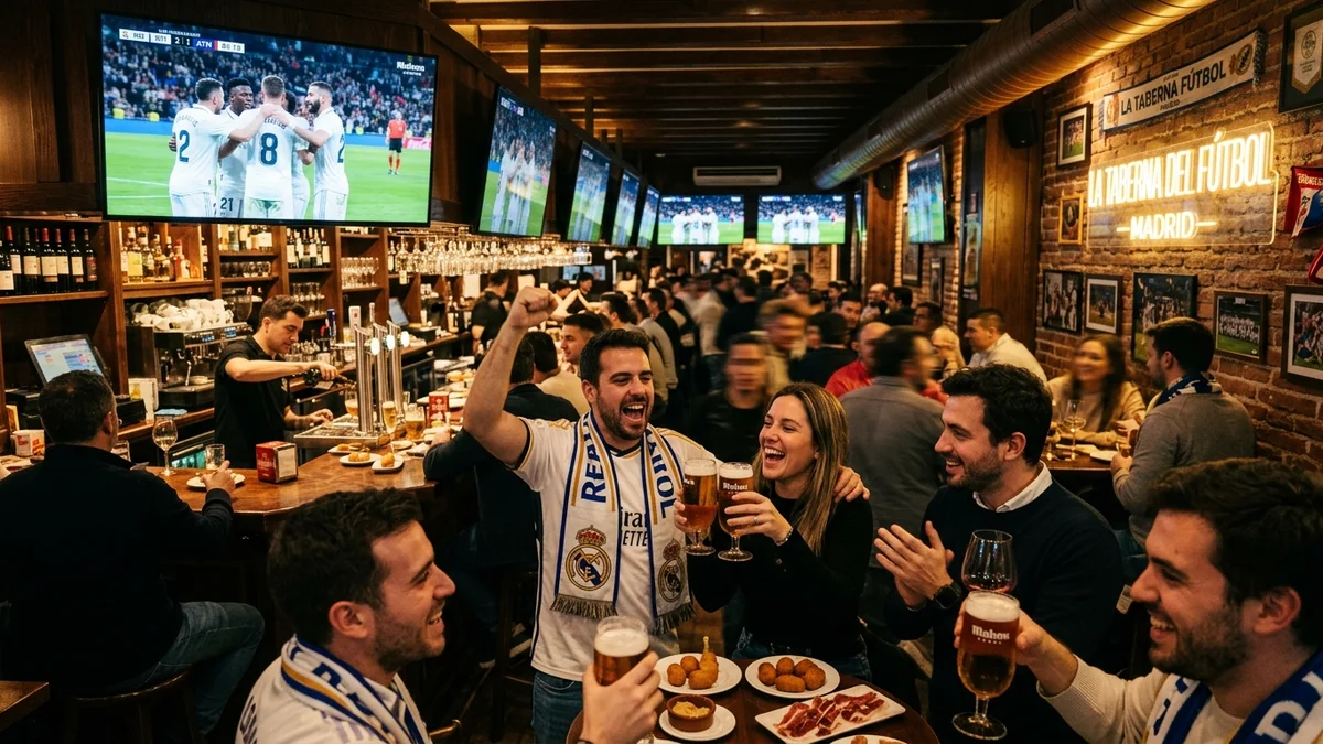 Ambiente de bar deportivo en Madrid con clientes disfrutando de fútbol en directo en pantallas 4K con IPTV España